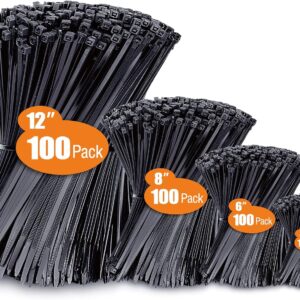 Zip Ties Assorted Sizes(4”+6”+8”+12”), 400 Pack, Black Cable Ties, UV Resistant Wire Ties by ANOSON